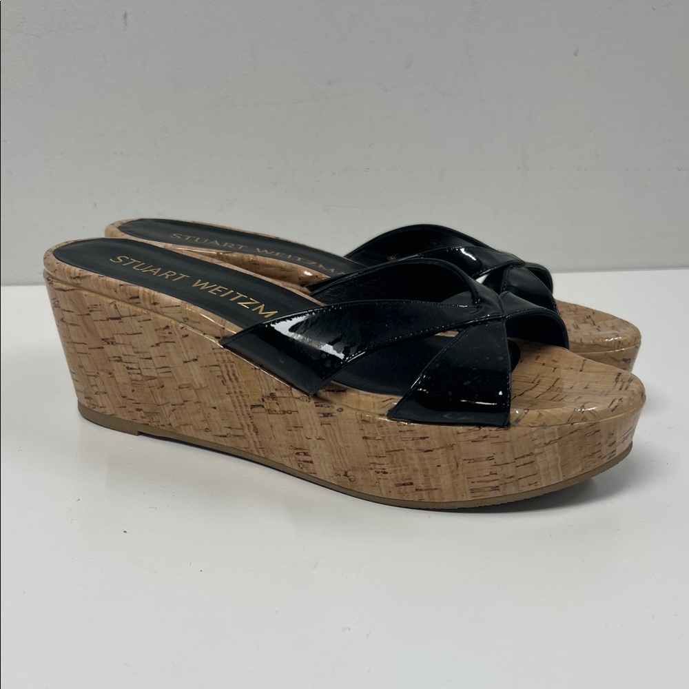 Stuart Weitzman Black Patent Wedge Sandals